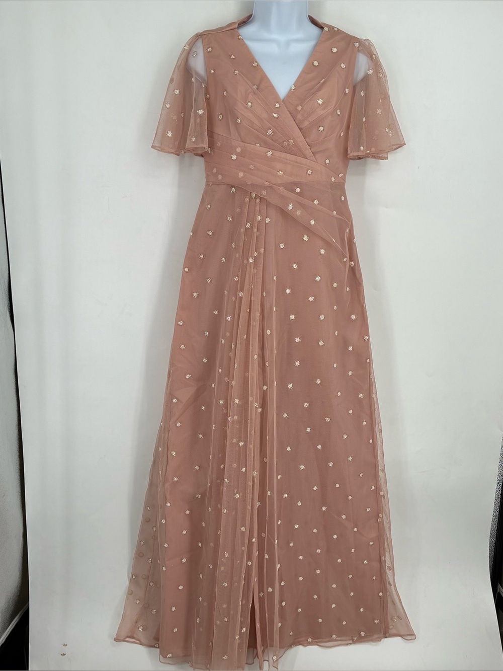 Adrianna Papell 4 Metallic Pink Formal Short Flutter Sleeve Surplice Dress Gown